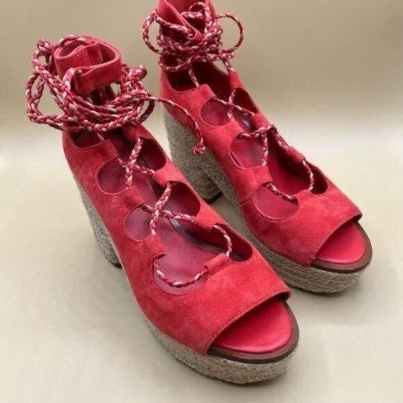 Tory Burch Poppy Orange Lace Up Positano Platform Espadrille Size 7 - Picture 5 of 10